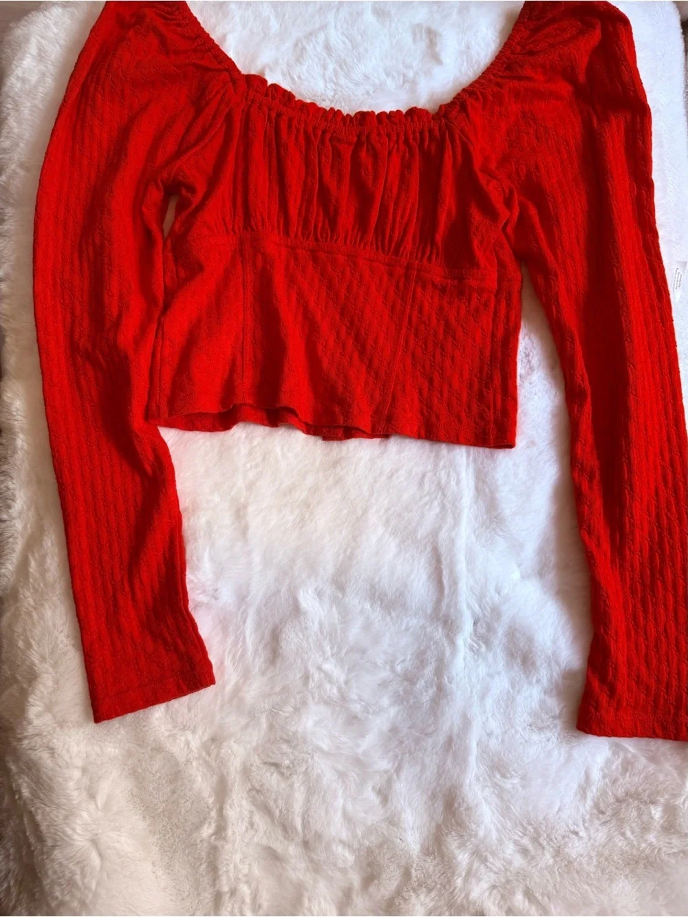Free People Ladybug Long Sleeve Crop Top Red Textured Ruched Boho Size M NWOT